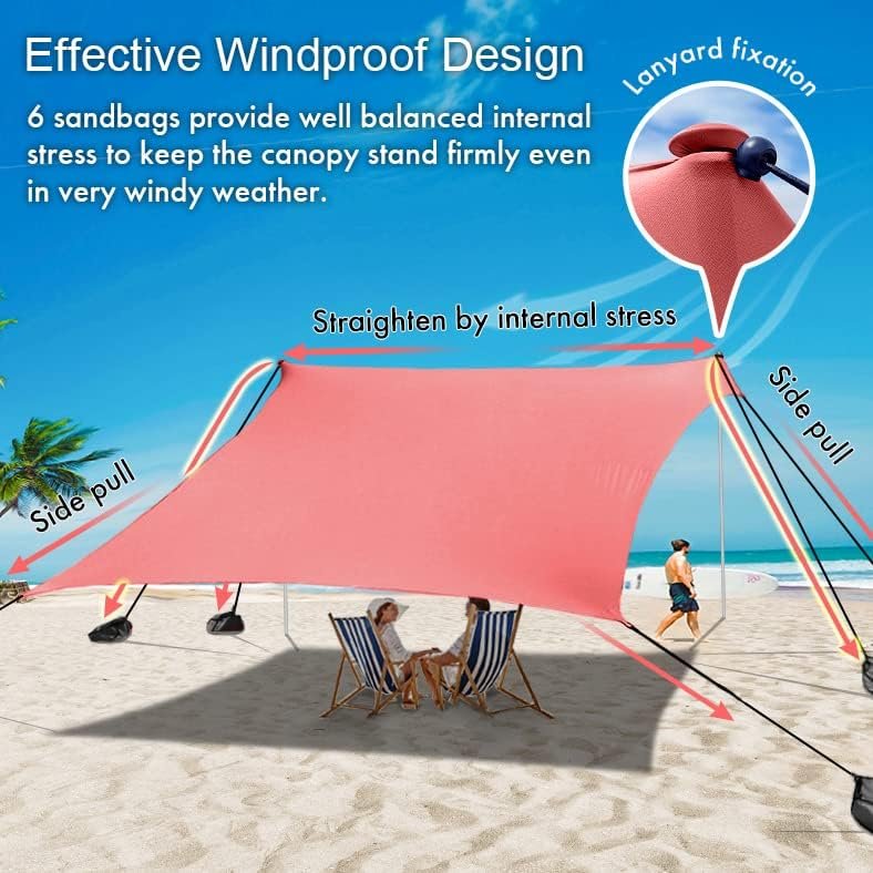 easierhike Beach Shade Tent, 7x7.15ft UPF50+ Windproof Sun Protection Portable Shelter with 6 Sandbags, Water Resistant Pop Up Outdoor Canopy for Beach, Camping, Family, Backyard and Picnics