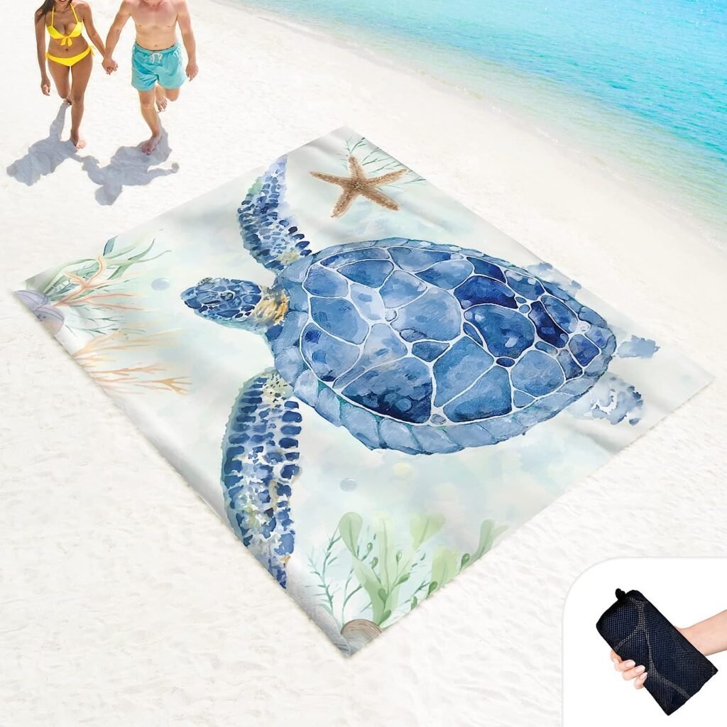 LkDiramio Beach Blanket Sand Proof Waterproof Oversized 100 x 80 Sand Free Mat with Corner Pockets and Mesh Bag for Outdoor, Picnic, Travel, Beach Accessories Portable, Watercolor Turtle