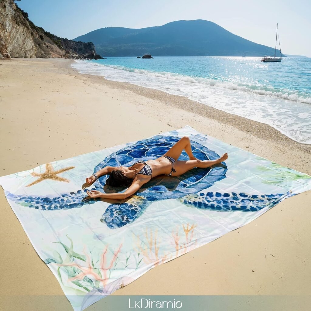LkDiramio Beach Blanket Sand Proof Waterproof Oversized 100 x 80 Sand Free Mat with Corner Pockets and Mesh Bag for Outdoor, Picnic, Travel, Beach Accessories Portable, Watercolor Turtle